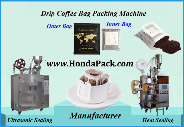 Drip coffee bag packing machine and coffee production with automated process