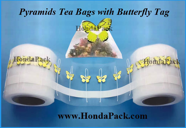 Pyramid tea bag roll with shaped butterfly tag