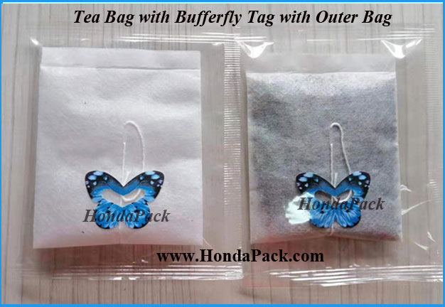 Pyramid tea bag roll with shaped butterfly tag